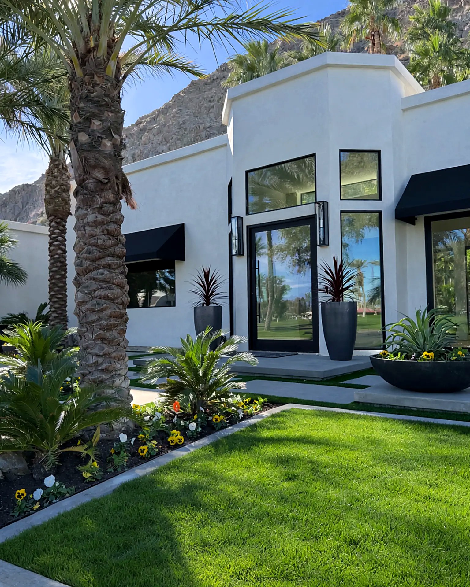 Palms and colorful flower beds framing a modern glass entry with planters