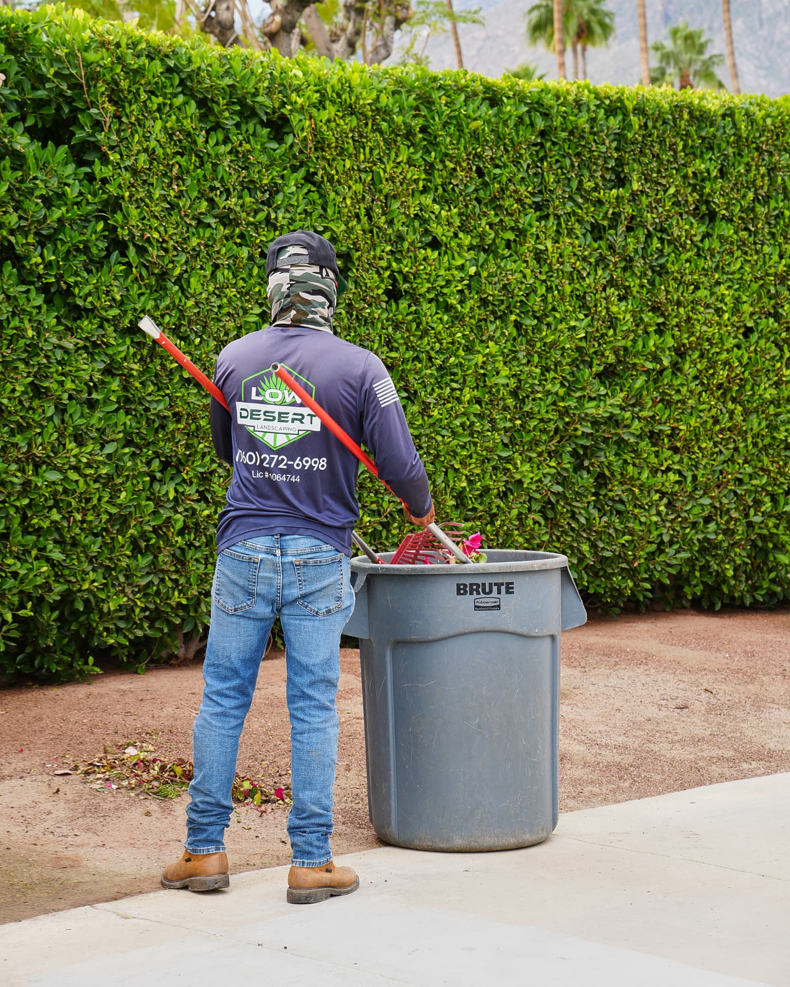 Crew clearing trimmings from a commercial walkway